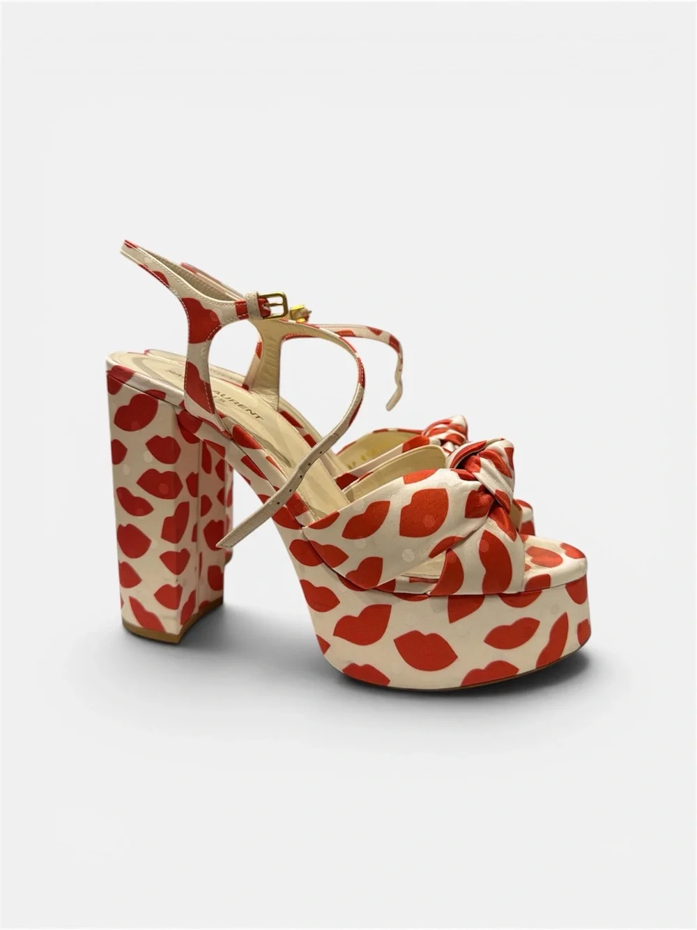 Saint Laurent Cream and Red Knotted Platform Lip print Silk Sandals